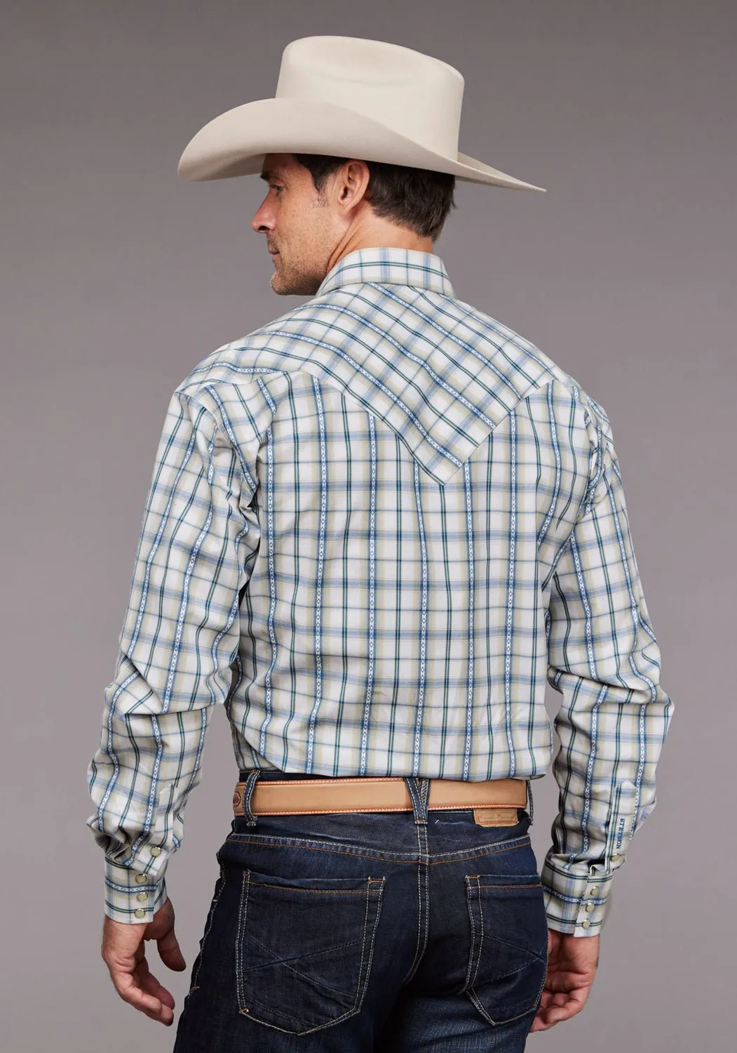 Polished Placket Flexible Material Stetson Mens Shadow Dobby Plaid Blue 100% Cotton L/S Shirt