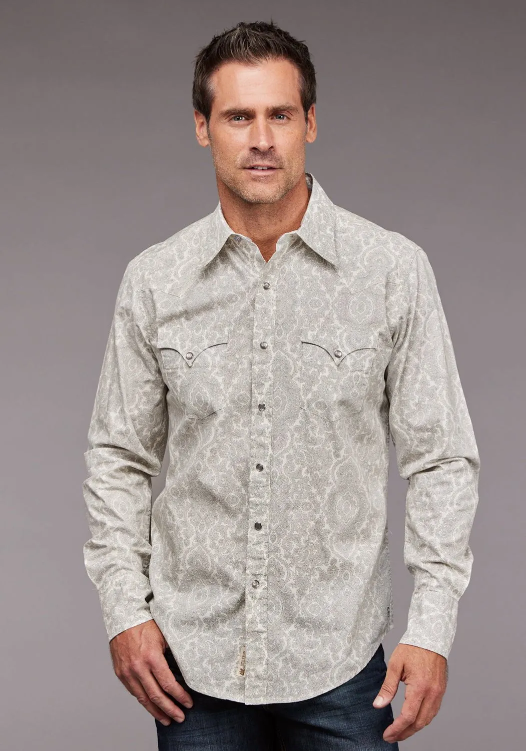 Casual Sophistication Bold Graphics Stetson Mens Silver Filagree Grey 100% Cotton L/S Shirt