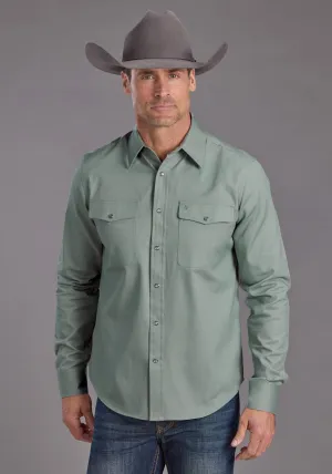 Stetson Mens Silver Sage Brushed Twill Green 100% Cotton L/S Shirt Chic Look Layered Collar Stetson Mens Silver Sage Brushed Twill Green 100% Cotton L/S Shirt