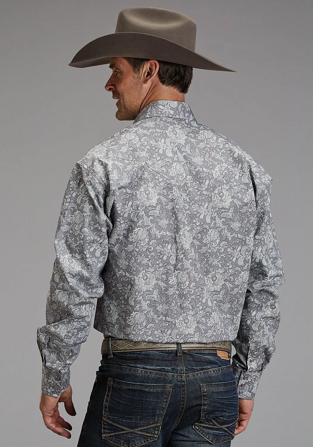 Stetson Mens Silver Spring Paisley Grey 100% Cotton L/S Shirt color block Polished Look