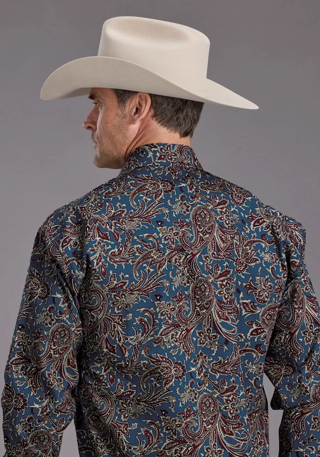 Stetson Mens Vintage Blue Paisley Blue 100% Cotton L/S Shirt Odor control