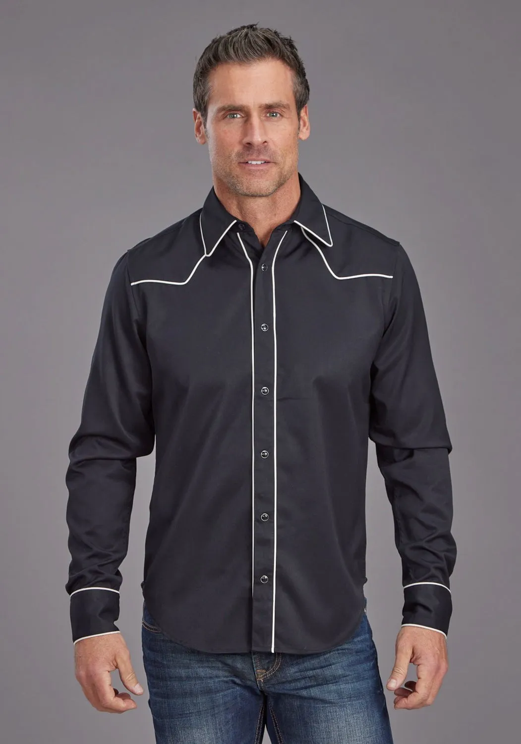 Non Iron Layered Sleeve Cuffs Stetson Mens Vintage Piping Black Poly/Rayon L/S Shirt