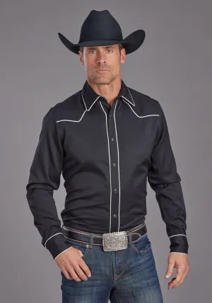 Stetson Mens Vintage Piping Black Poly/Rayon L/S Shirt Flattering Cut Bold Print Stetson Mens Vintage Piping Black Poly/Rayon L/S Shirt