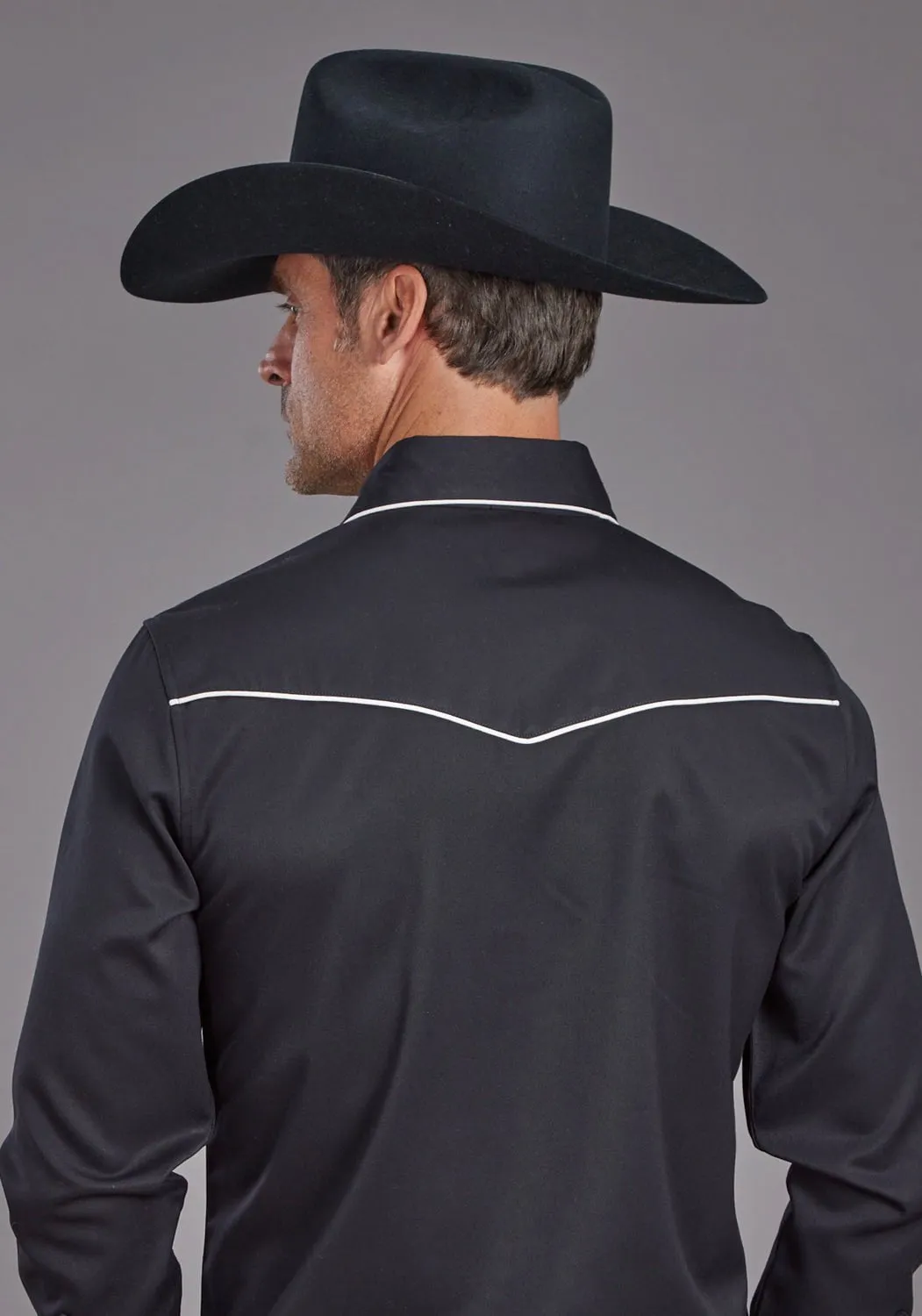 Quick Release Cuffs Minimalist Look Stetson Mens Vintage Piping Black Poly/Rayon L/S Shirt