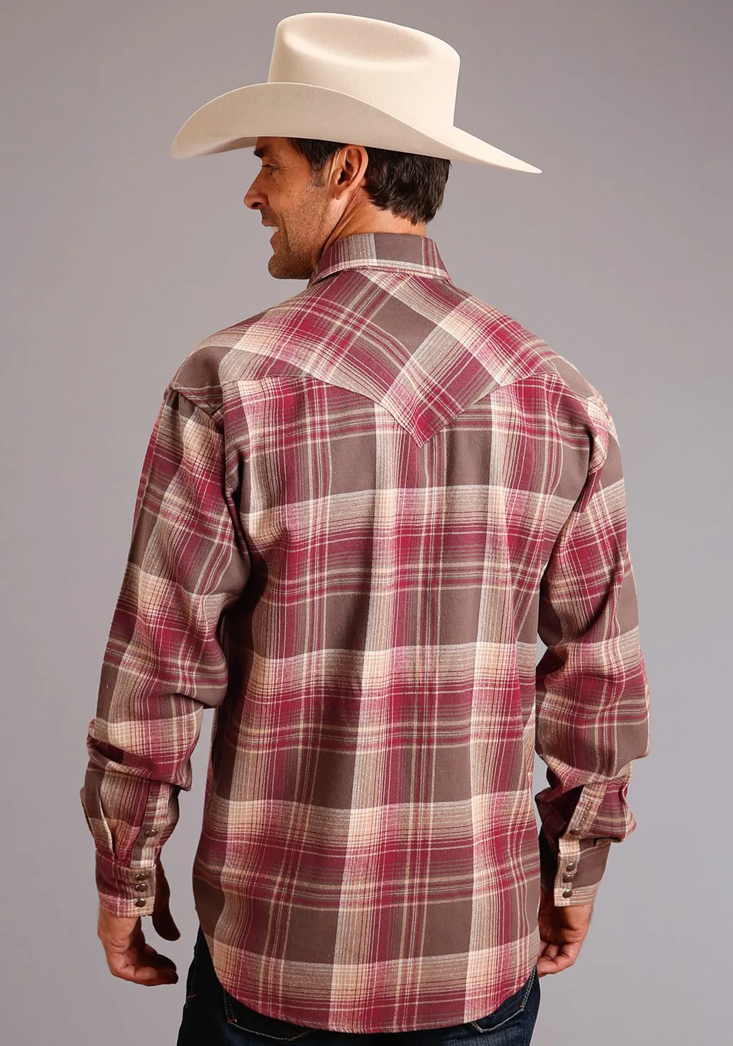 Stetson Mens Wine 100% Cotton Brushed Twill L/S 2 Pkt Shirt gender-neutral Timeless Wardrobe