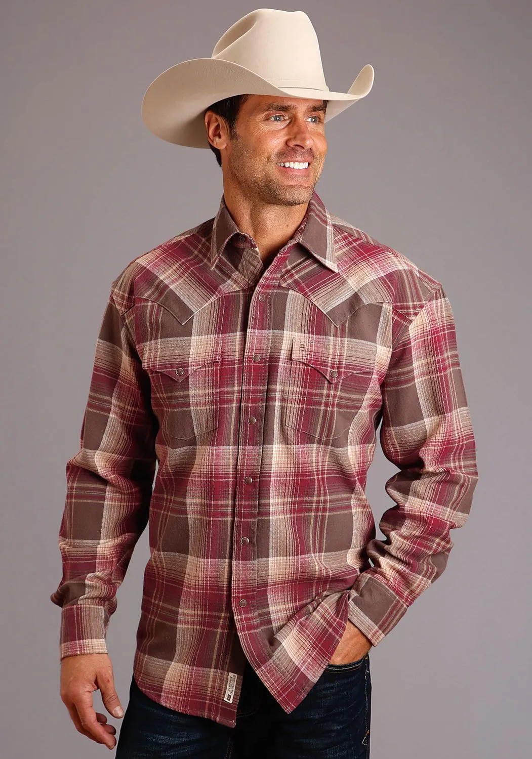 Stetson Mens Wine 100% Cotton Brushed Twill L/S 2 Pkt Shirt Comfort First Fit Contemporary Design