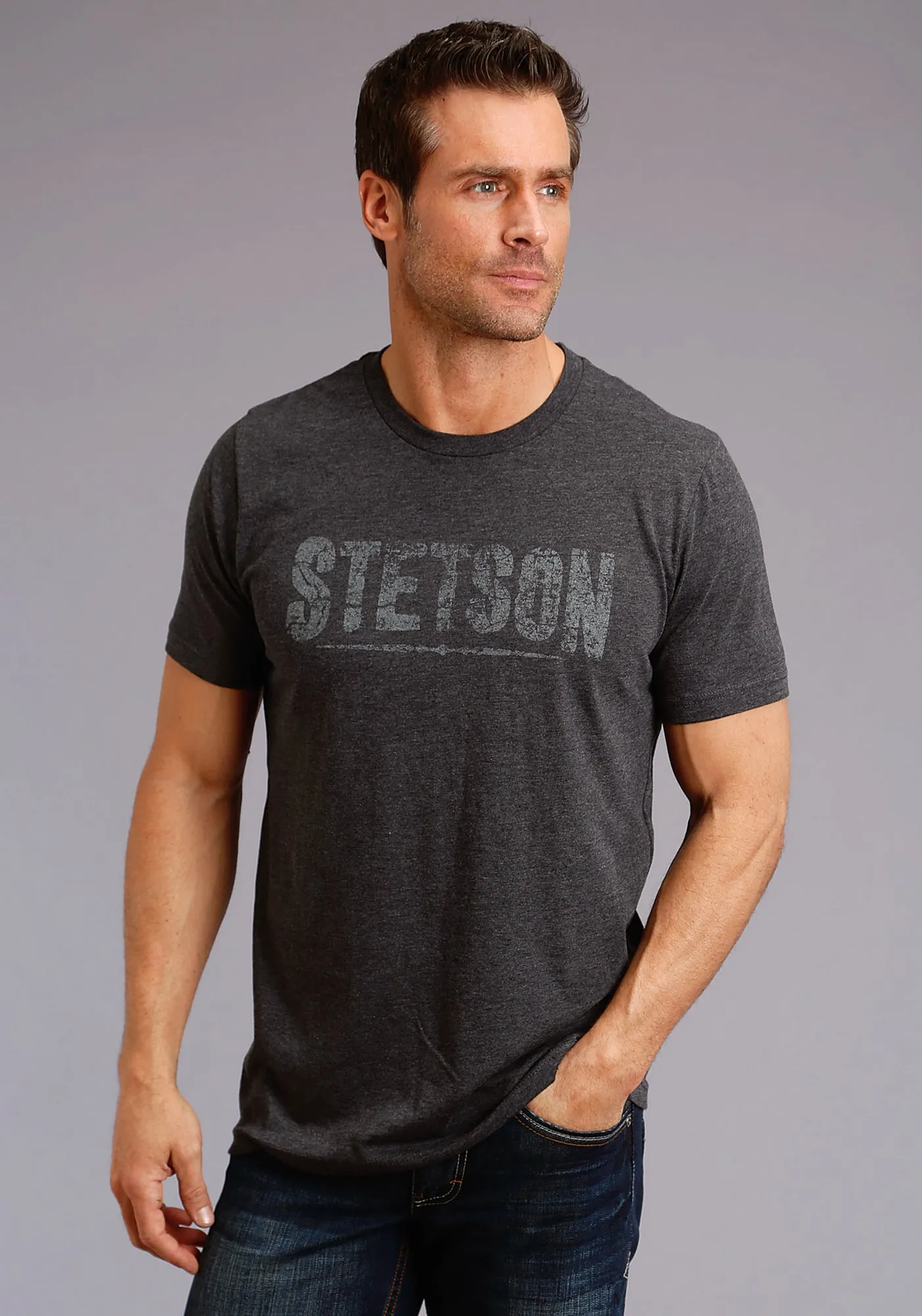 Durable Thread Construction Stetson Unisex Heather Grey 100% Cotton Cream Logo S/S T-Shirt