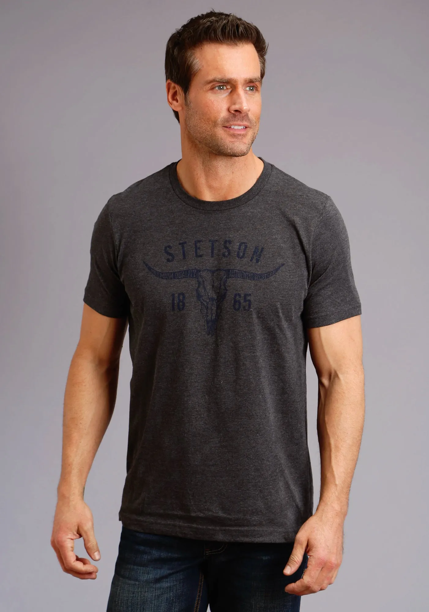 Stetson Unisex Heather Grey 100% Cotton Longhorn S/S T-Shirt All-Weather Wear Odor Control Fabric