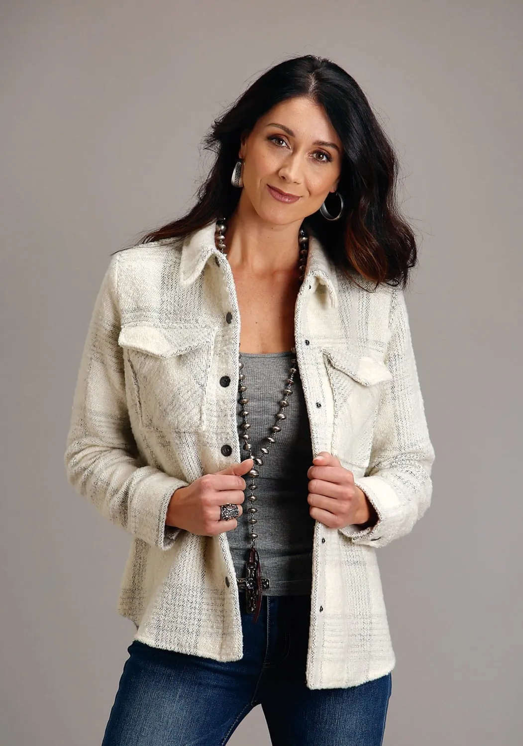 Chic Comfort Weekend Warrior Creative Look Modern Stetson Womens 1761 Windowpane Plaid Cream Wool Blend Wool Jacket