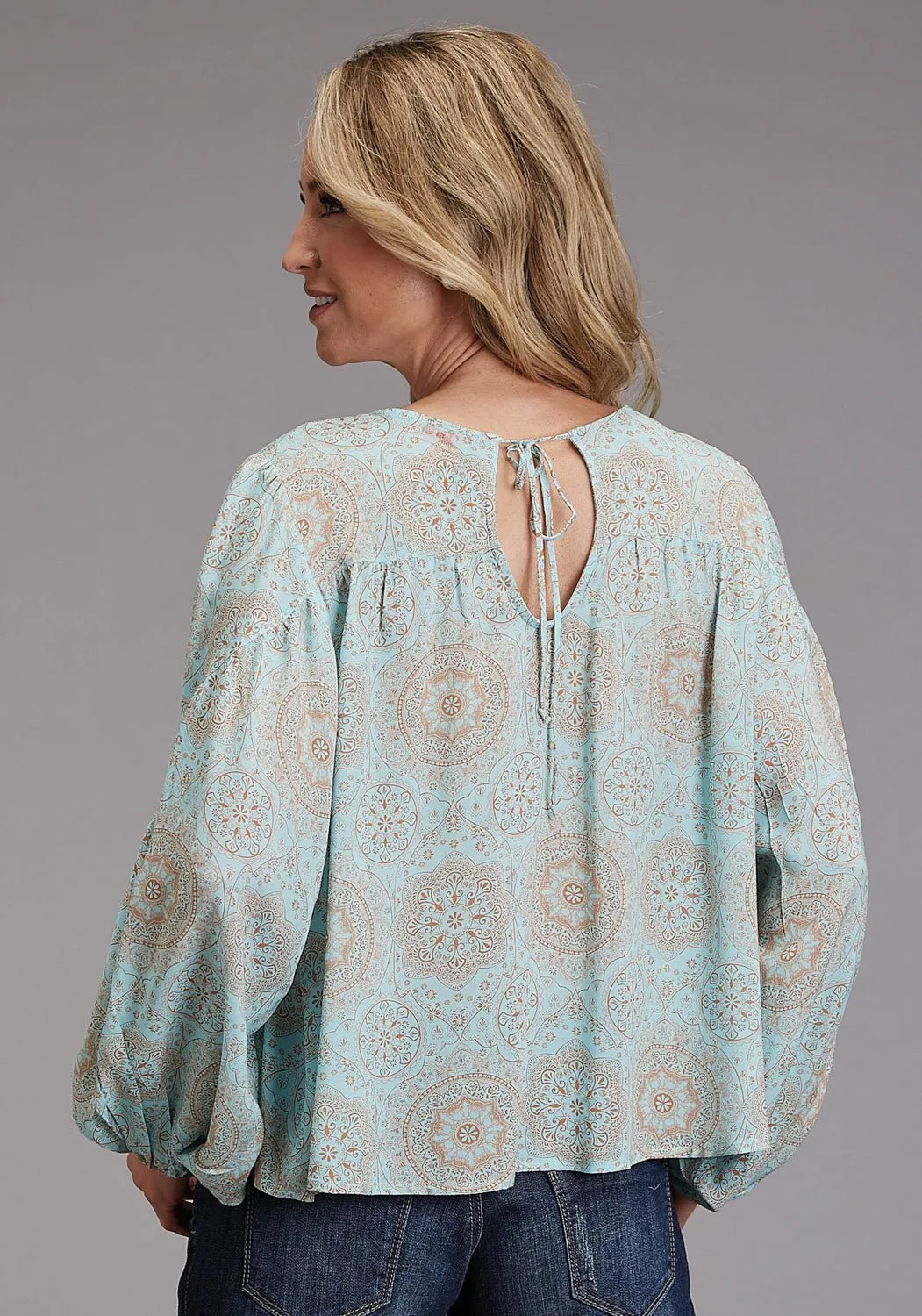 Seasonal Comfort Modern Cut Stetson Womens 1986 Mandala Print Aqua 100% Rayon L/S Tunic