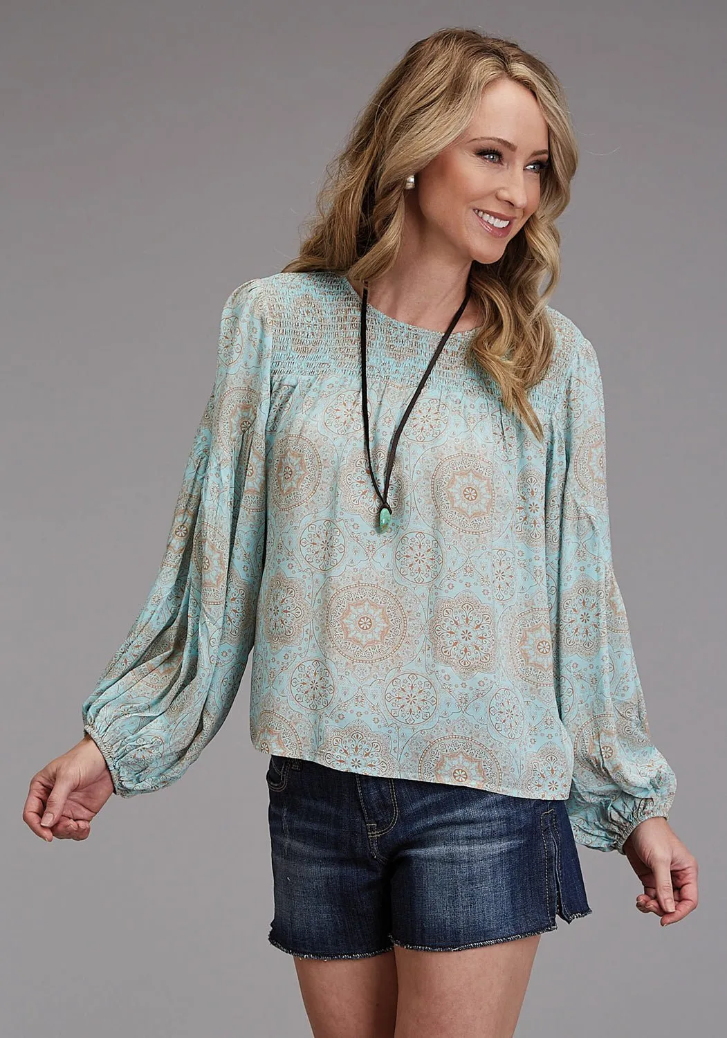 Stetson Womens 1986 Mandala Print Aqua 100% Rayon L/S Tunic Trendy Vibes