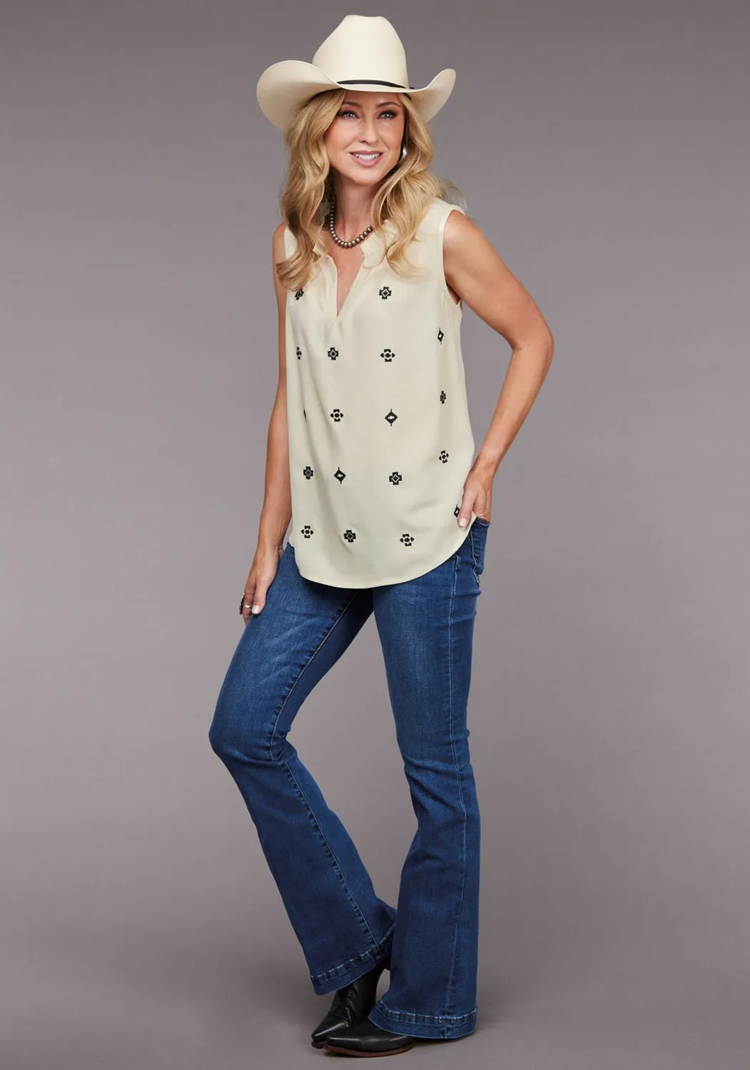 Chambray Fabric Stetson Womens 2098 Rounded Neck Cream 100% Rayon S/L Blouse