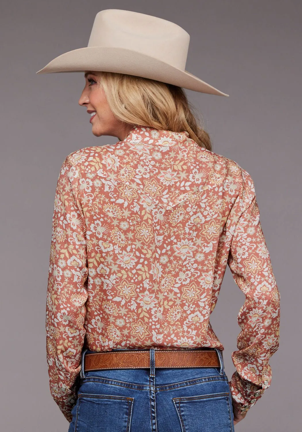 Active Layering Fashion Essential Stetson Womens 2100 Sunset Floral Pink 100% Rayon L/S Blouse