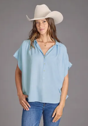 Stetson Womens 2437 1/2 Button Placket Powder Blue 100% Rayon S/S Blouse Mature Elegance Active Comfort Casual Sophistication Stetson Womens 2437 1/2 Button Placket Powder Blue 100% Rayon S/S Blouse