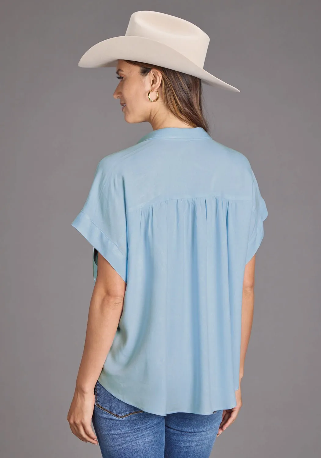 Cozy Option Trendy Design Stetson Womens 2437 1/2 Button Placket Powder Blue 100% Rayon S/S Blouse