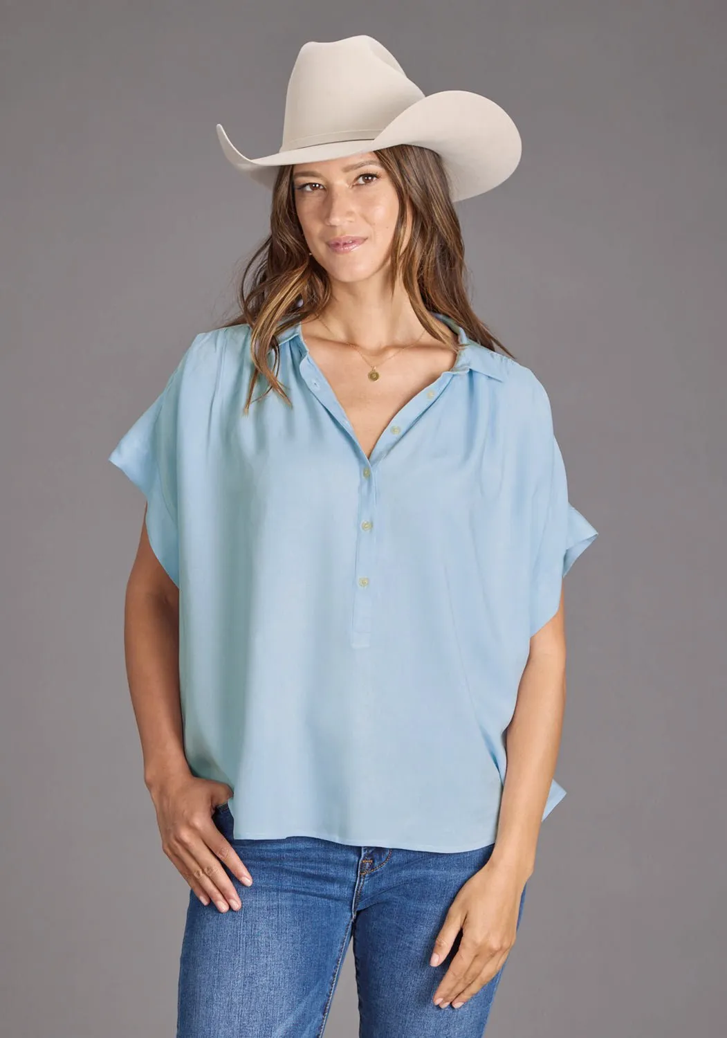 Active Comfort Casual Sophistication Stetson Womens 2437 1/2 Button Placket Powder Blue 100% Rayon S/S Blouse