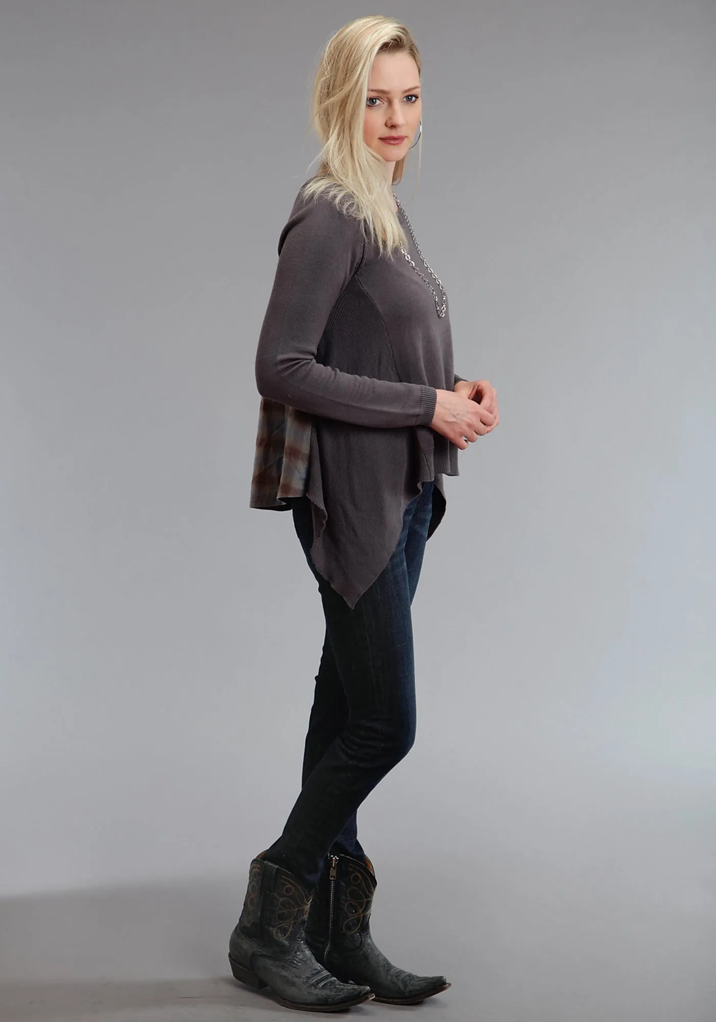Smooth Stitch Pattern Stetson Womens 758 Plaid Peasant Grey/Brown Cotton Blend L/S Tunic