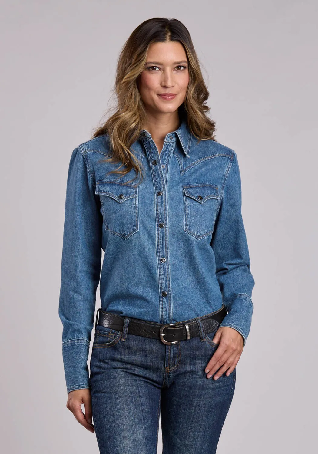 Stetson Womens Asymmetrical Hexagon Blue 100% Cotton L/S Shirt Active Lifestyle