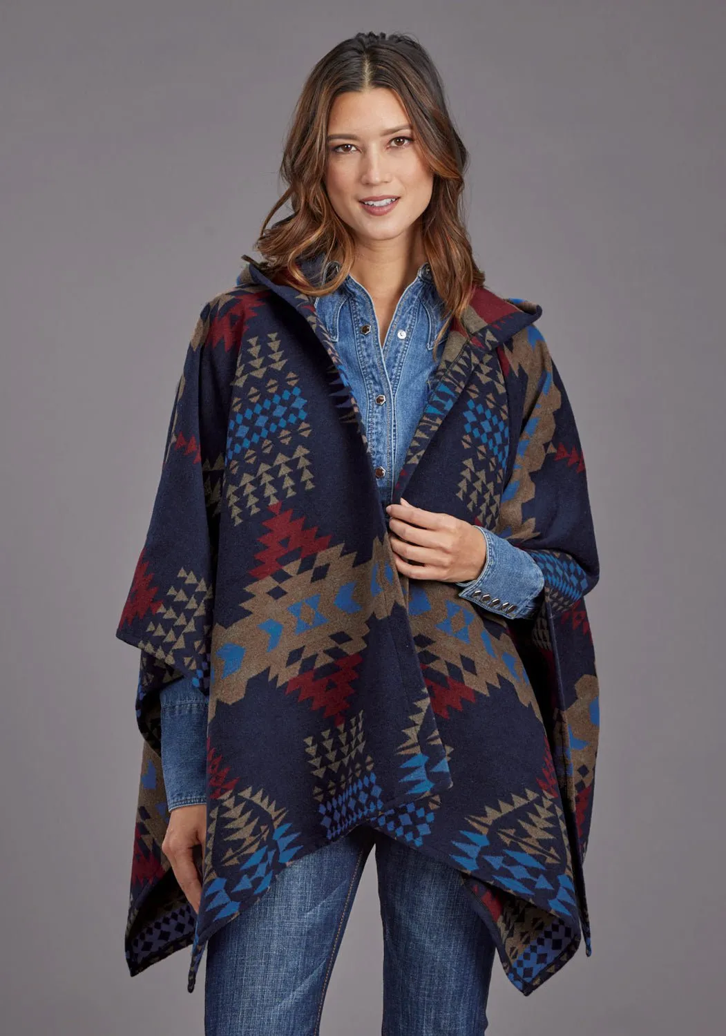 Stetson Womens Aztec Blanket Hooded Blue Poly/Wool Wrap Daily Casual