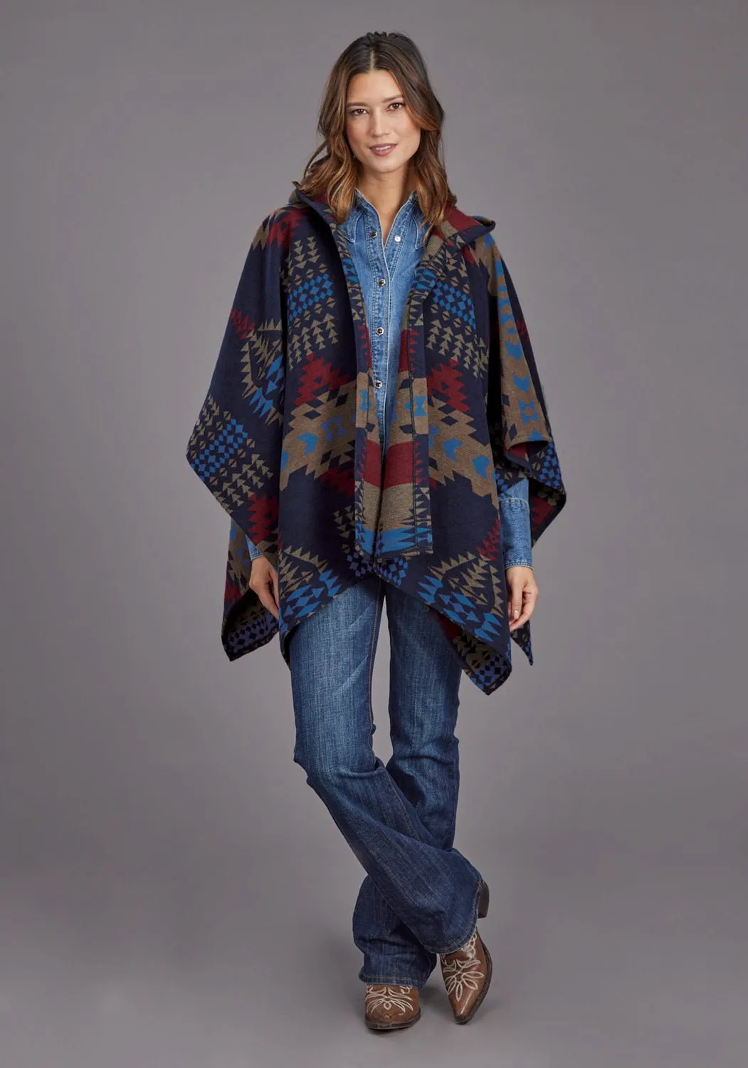 Outdoor Adventure Stylish Stetson Womens Aztec Blanket Hooded Blue Poly/Wool Wrap