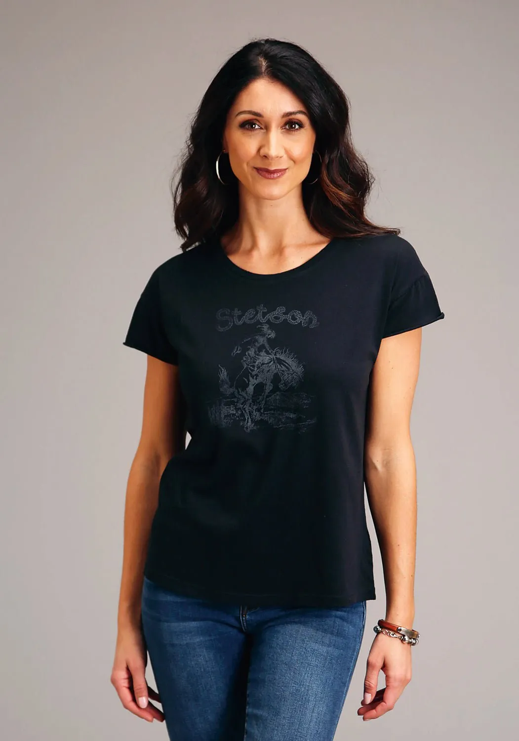 Winter Warmth Student Outfit Textured Clean Outfit Stetson Womens Black 100% Cotton Bronc Rider S/S T-Shirt