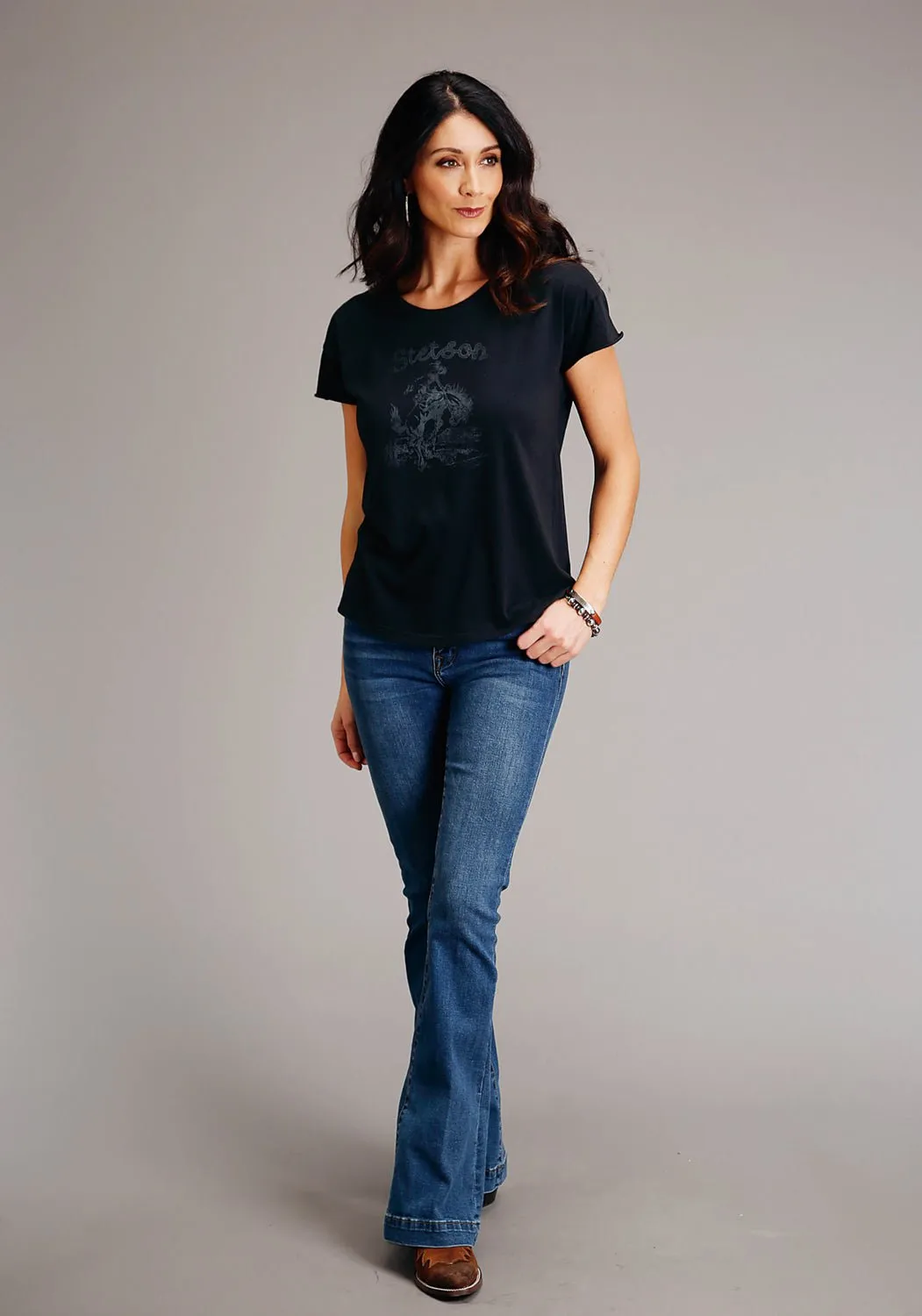 Stetson Womens Black 100% Cotton Bronc Rider S/S T-Shirt Light Comfort Smart Look