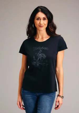 Stetson Womens Black 100% Cotton Bronc Rider S/S T-Shirt Softened Edging Stetson Womens Black 100% Cotton Bronc Rider S/S T-Shirt Non Irritating Tags Hypoallergenic Lining