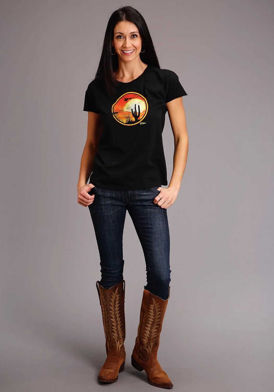 Athletic Cut Denim Blend Stetson Womens Black 100% Cotton Cactus/Red Sunset S/S T-Shirt