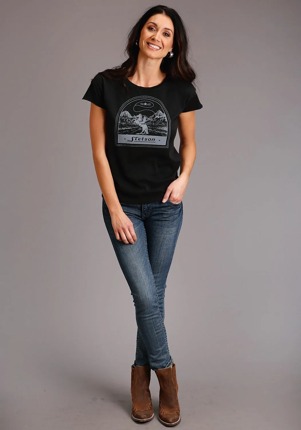 Stetson Womens Black 100% Cotton Cowboy Lasso S/S T-Shirt City Exploration