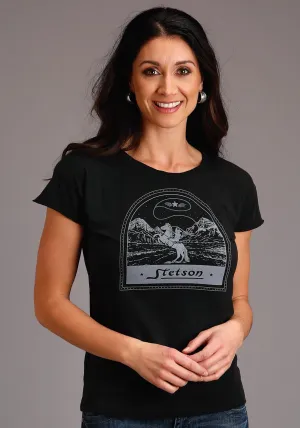 Stetson Womens Black 100% Cotton Cowboy Lasso S/S T-Shirt Adjustable Cuffs Stetson Womens Black 100% Cotton Cowboy Lasso S/S T-Shirt Summer Camp Monochrome Palette