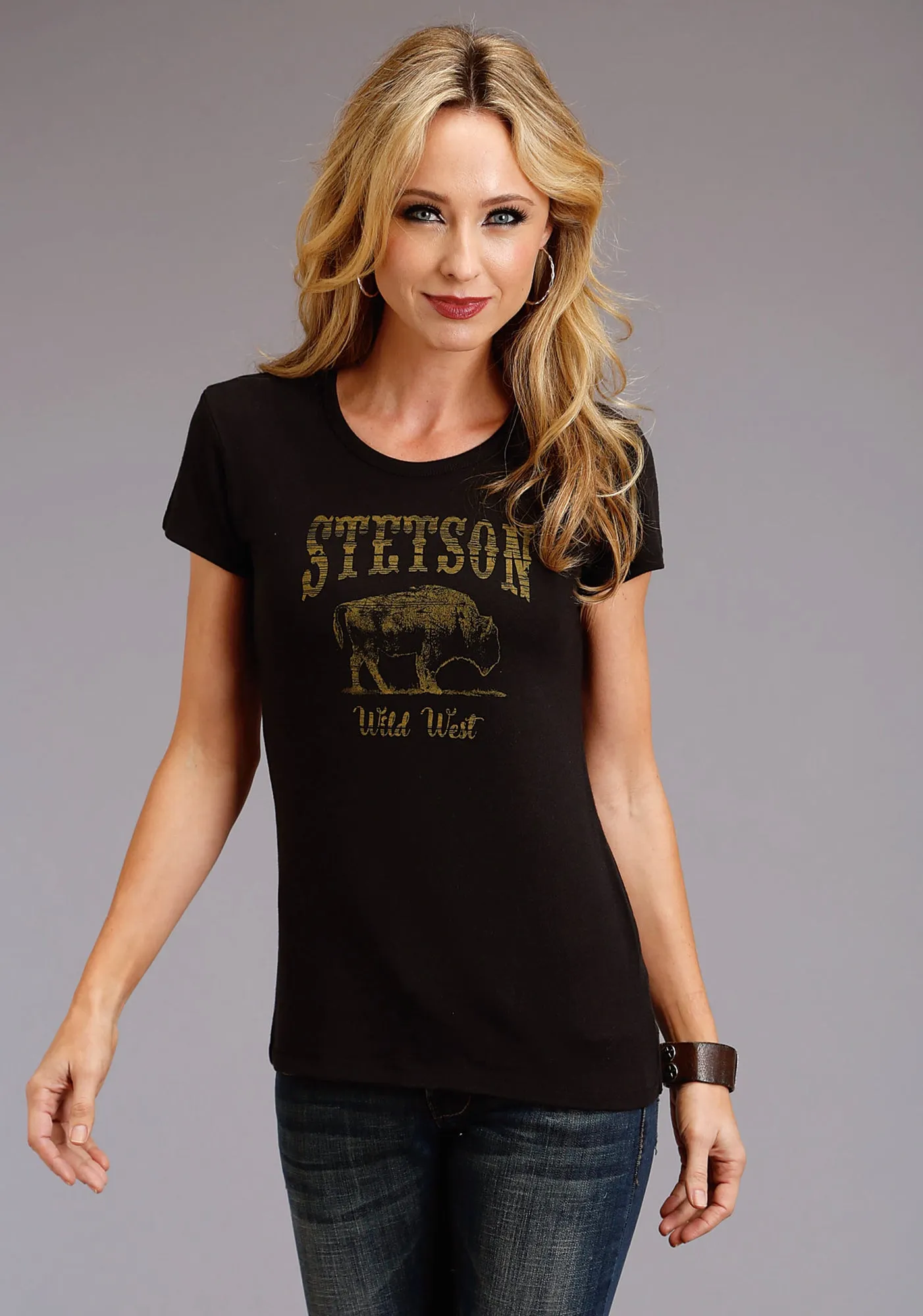 Stetson Womens Black Cotton Blend Bison Wild West S/S T-Shirt Comfy Look