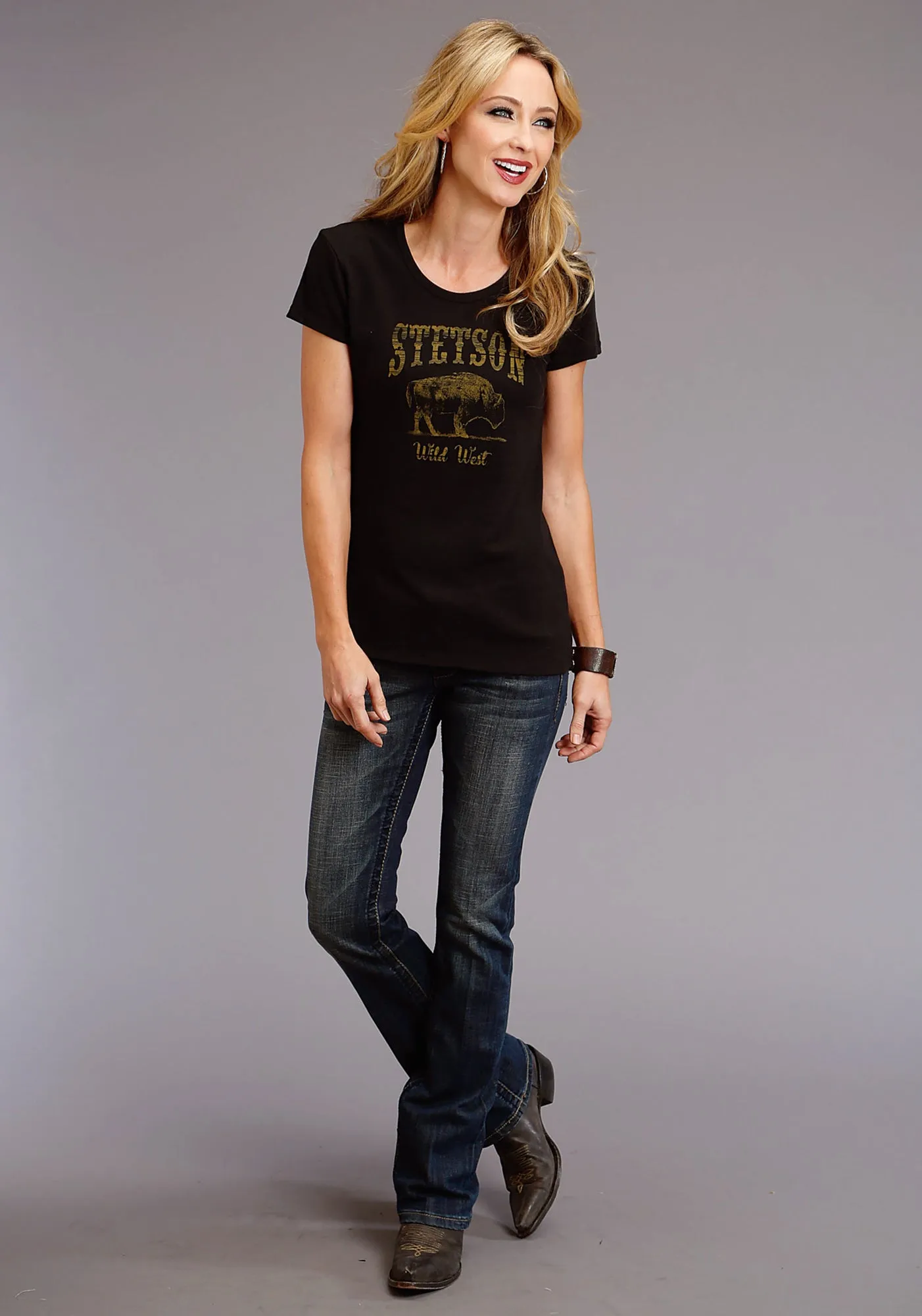 networking event Denim Blend Stetson Womens Black Cotton Blend Bison Wild West S/S T-Shirt