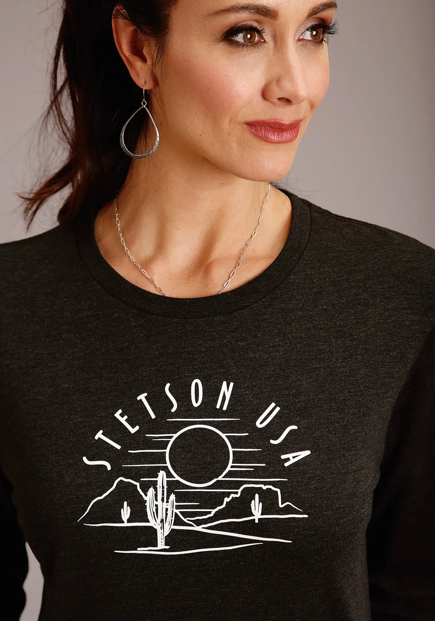 Stetson Womens Black Cotton Blend Cactus & Sunset L/S T-Shirt Trendy High Quality Basic Comfort