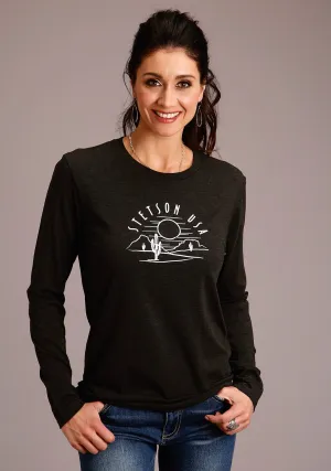 Stetson Womens Black Cotton Blend Cactus & Sunset L/S T-Shirt One For All Elegant Vibrant Textured Stetson Womens Black Cotton Blend Cactus & Sunset L/S T-Shirt
