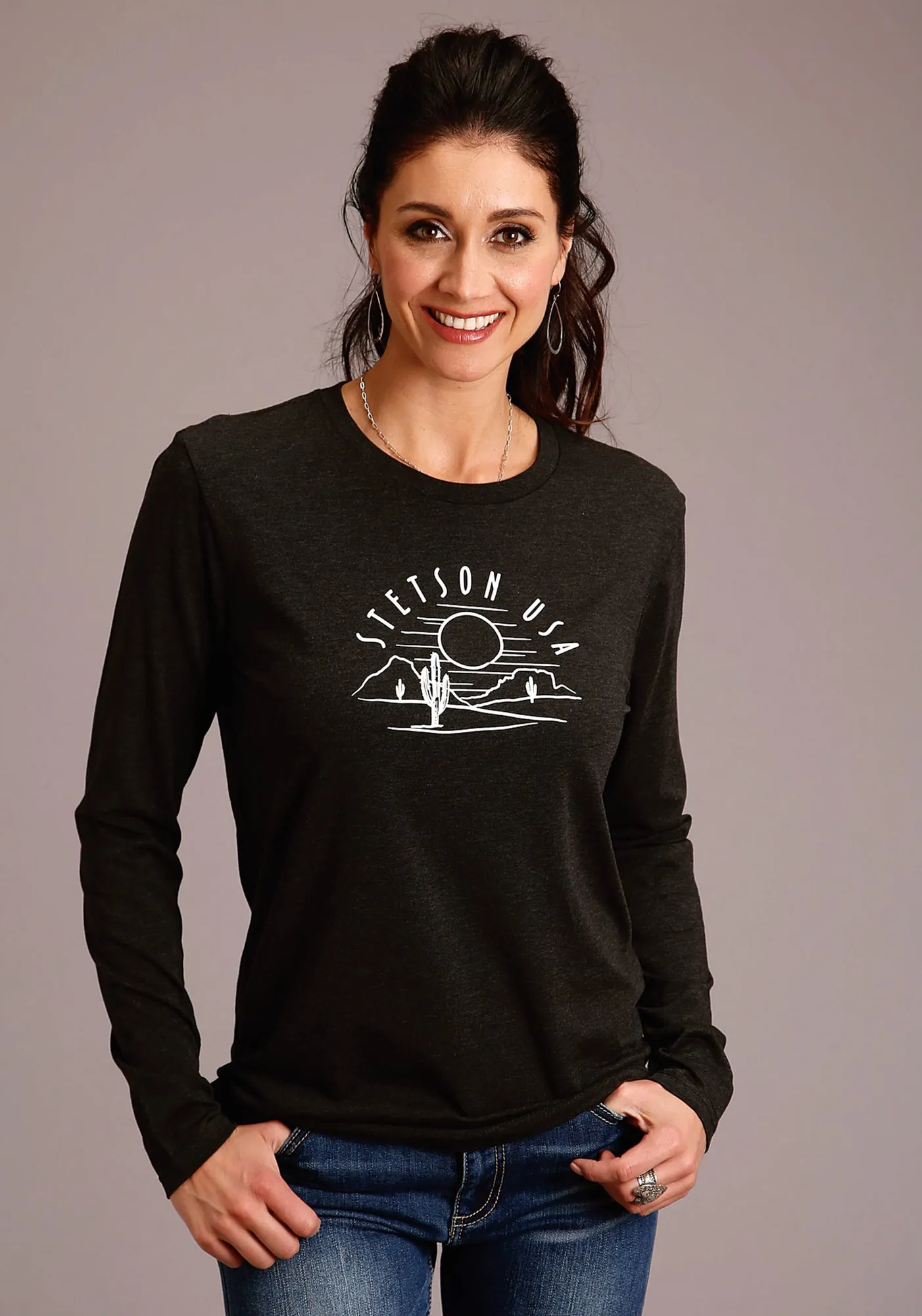 Classic Cut Stetson Womens Black Cotton Blend Cactus & Sunset L/S T-Shirt
