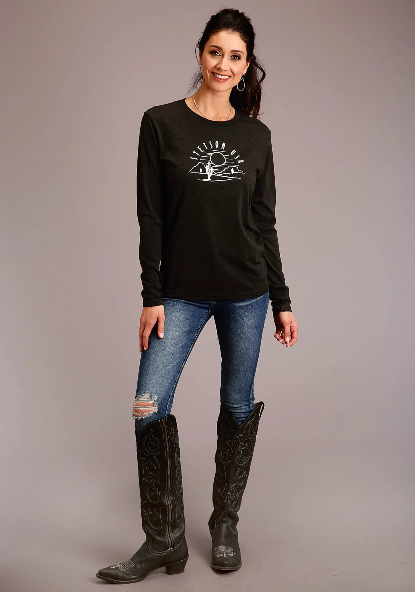 Vibrant Trendy Morning Stroll Professional Wear Brunch Outfit Stetson Womens Black Cotton Blend Cactus & Sunset L/S T-Shirt