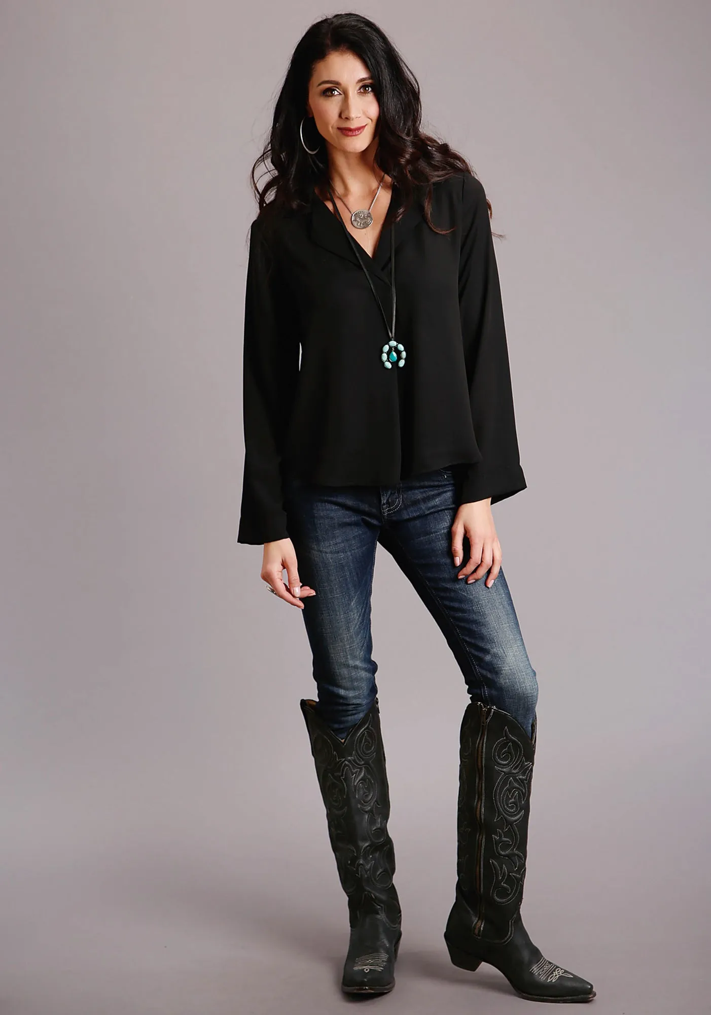 All Purpose Stetson Womens Black Polyester Notch Collar L/S Blouse