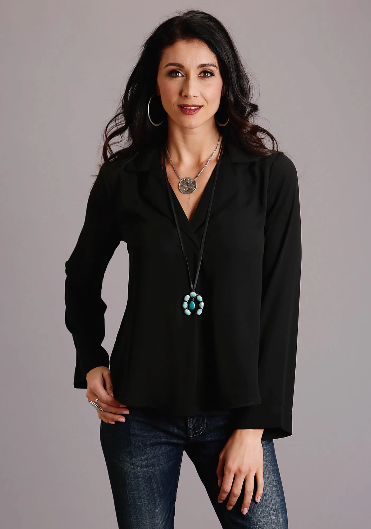 Stetson Womens Black Polyester Notch Collar L/S Blouse Breathable Denim Tailored Appearance