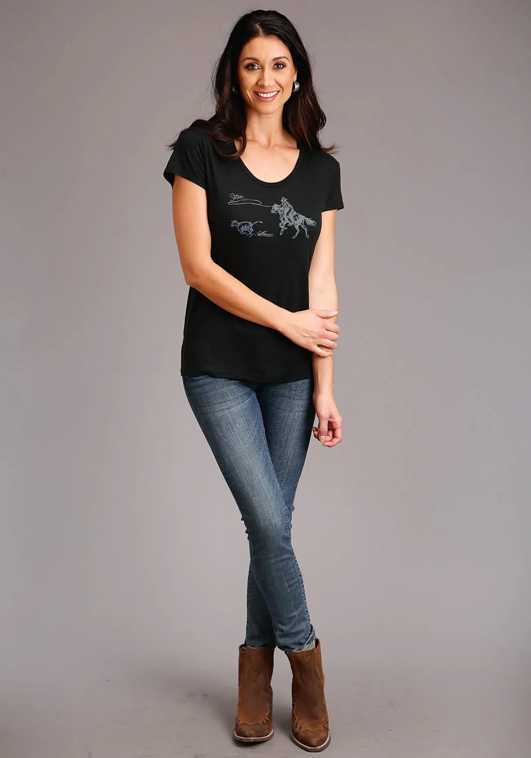 High Density Weave Fashion Essential Stetson Womens Black Poly/Rayon Lasso Action S/S T-Shirt