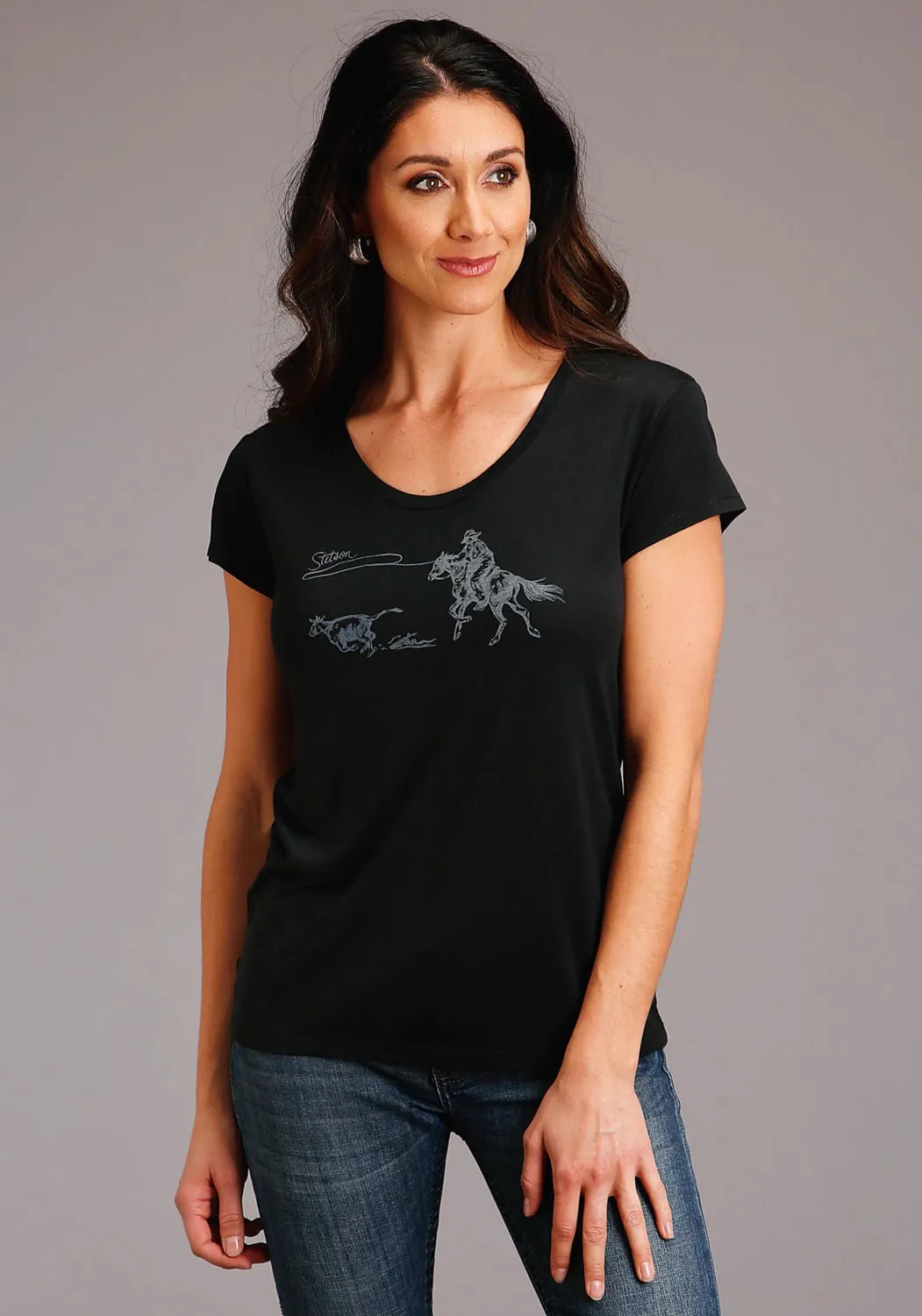 Stetson Womens Black Poly/Rayon Lasso Action S/S T-Shirt Chill Layer