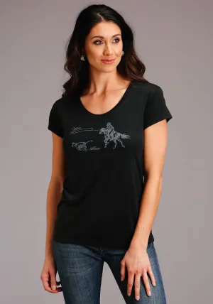 Stetson Womens Black Poly/Rayon Lasso Action S/S T-Shirt Biodegradable Fiber Stetson Womens Black Poly/Rayon Lasso Action S/S T-Shirt elegant design Loose style