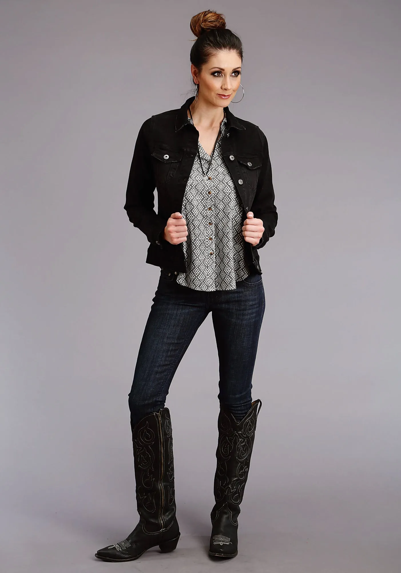 Stetson Womens Black Rayon/Nylon Aztec Geo L/S Blouse Morning Stroll Evening Stroll Trend Setter