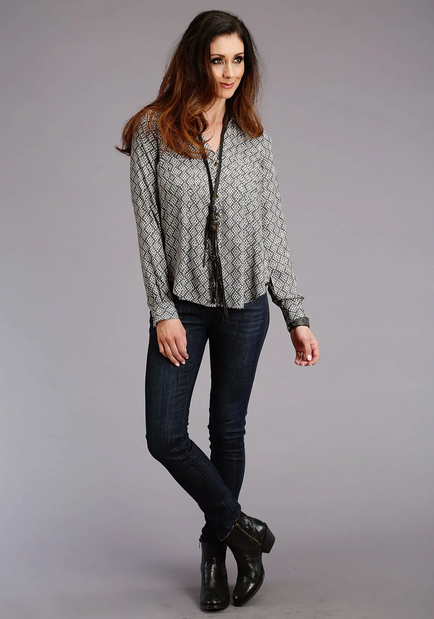 Stetson Womens Black Rayon/Nylon Aztec Geo L/S Blouse Smart Casual Athlete Fit