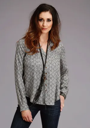 Stetson Womens Black Rayon/Nylon Aztec Geo L/S Blouse Style Basic Affordable Beach Day Belt Loop Reinforcement Stetson Womens Black Rayon/Nylon Aztec Geo L/S Blouse