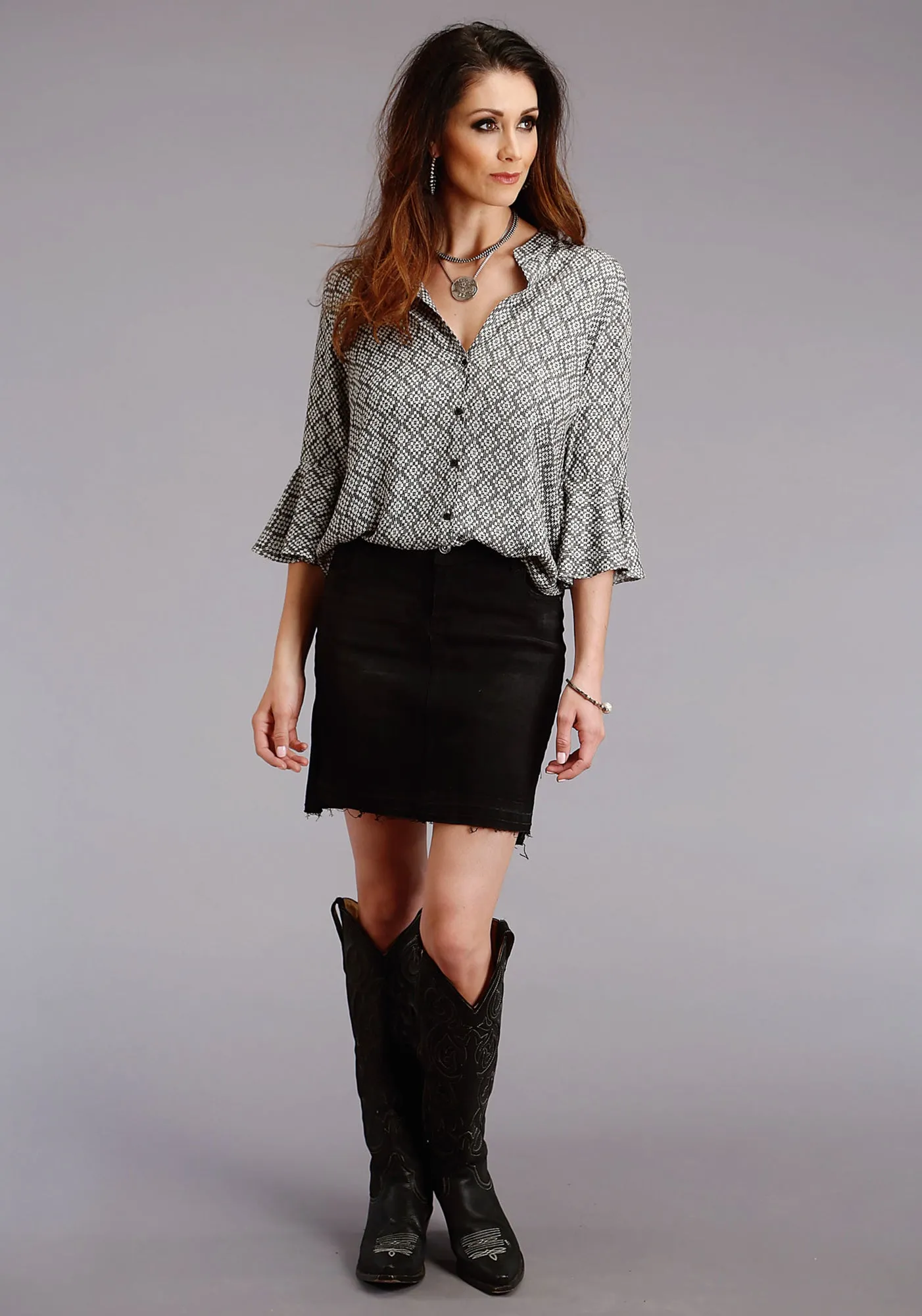 Non Chafe Seams Stetson Womens Black Rayon/Nylon Aztec Geo S/S Blouse