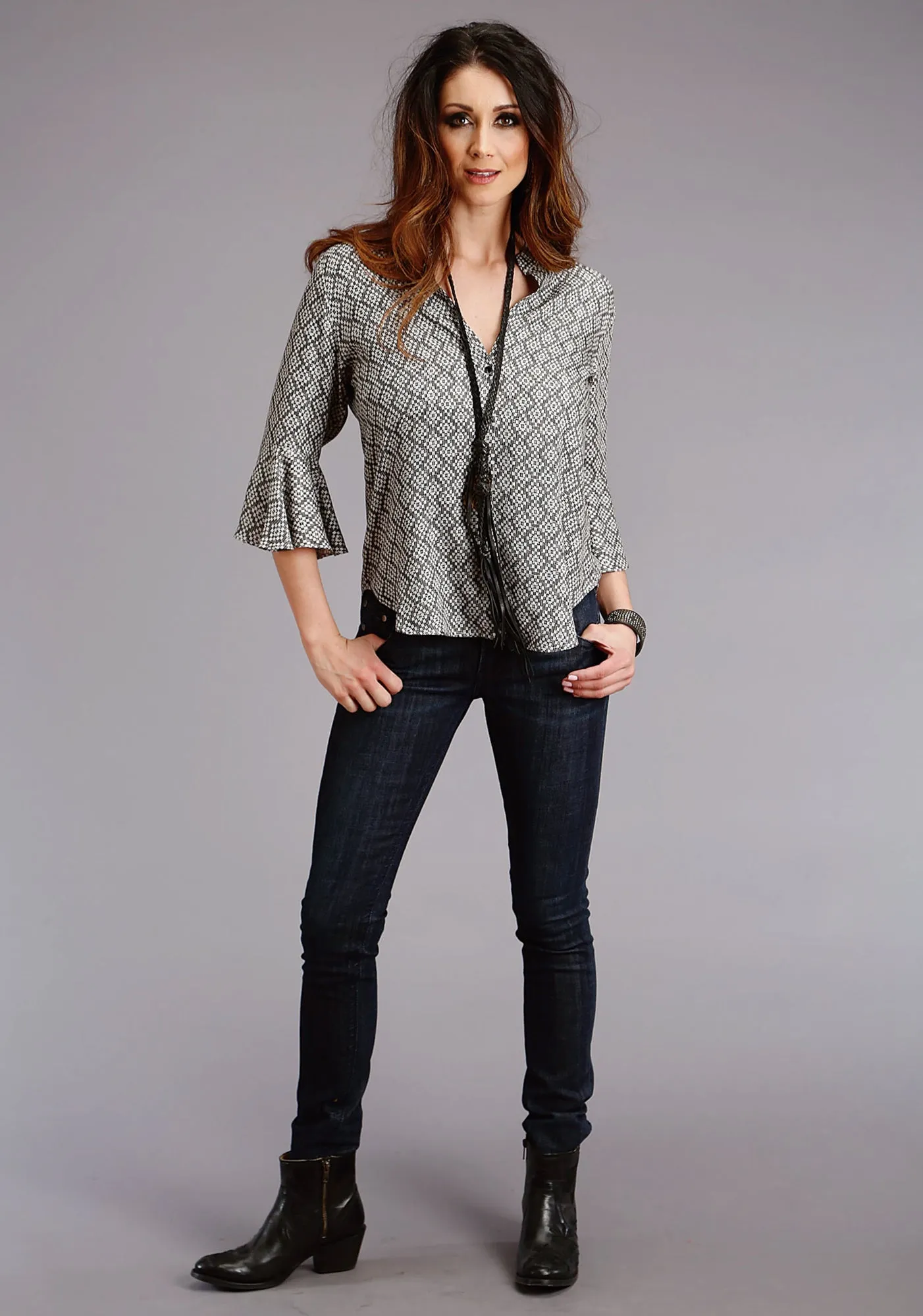 Stetson Womens Black Rayon/Nylon Aztec Geo S/S Blouse Camouflage Style Streamlined Design