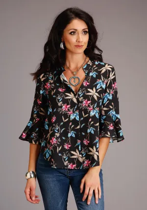 Stetson Womens Black Rayon/Nylon Feather Floral S/S Blouse Embroidered Logo Youthful Appeal Lightweight Weave Stetson Womens Black Rayon/Nylon Feather Floral S/S Blouse