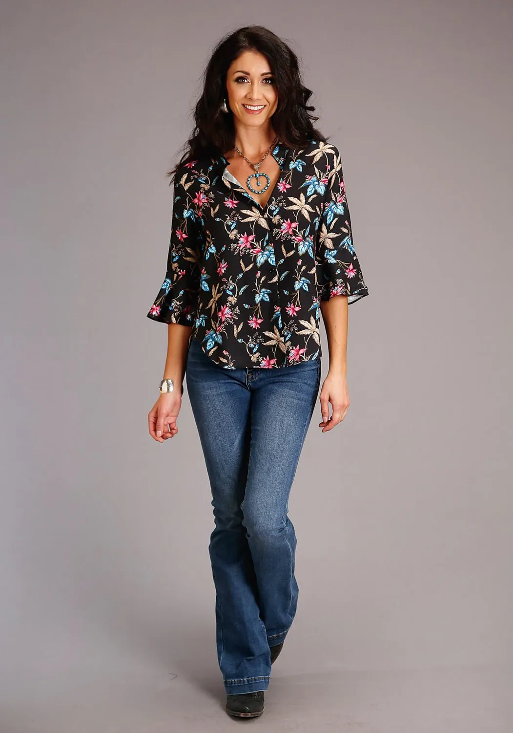 Stetson Womens Black Rayon/Nylon Feather Floral S/S Blouse Roomy Cut