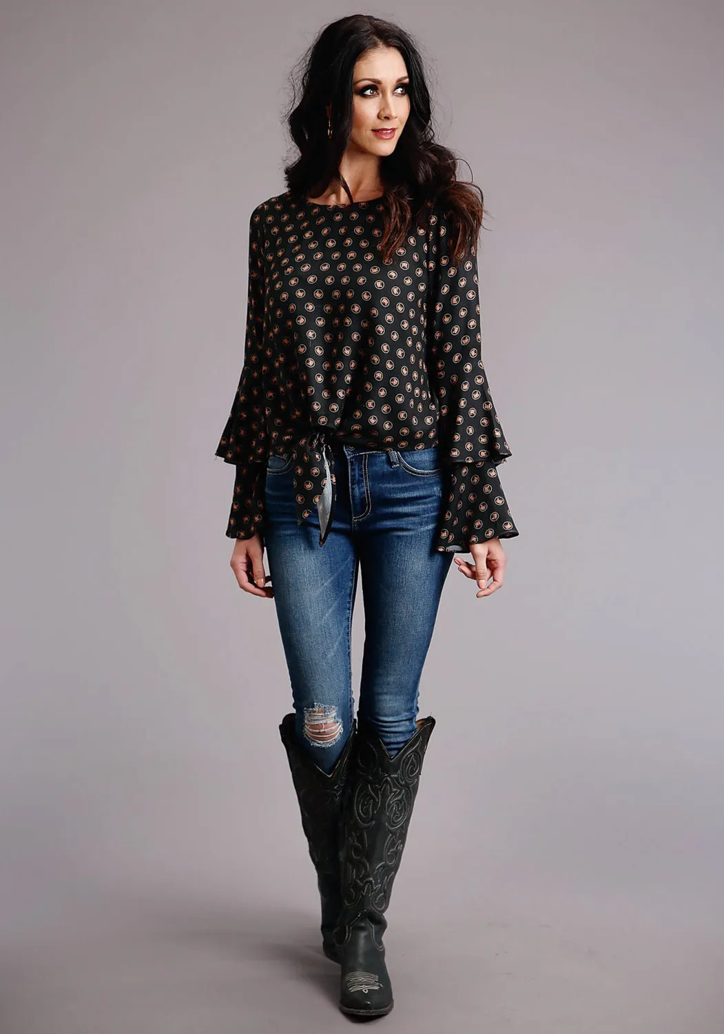 Traveler Gear Sustainable Stetson Womens Black Rayon/Nylon Horse Polkadot L/S Blouse