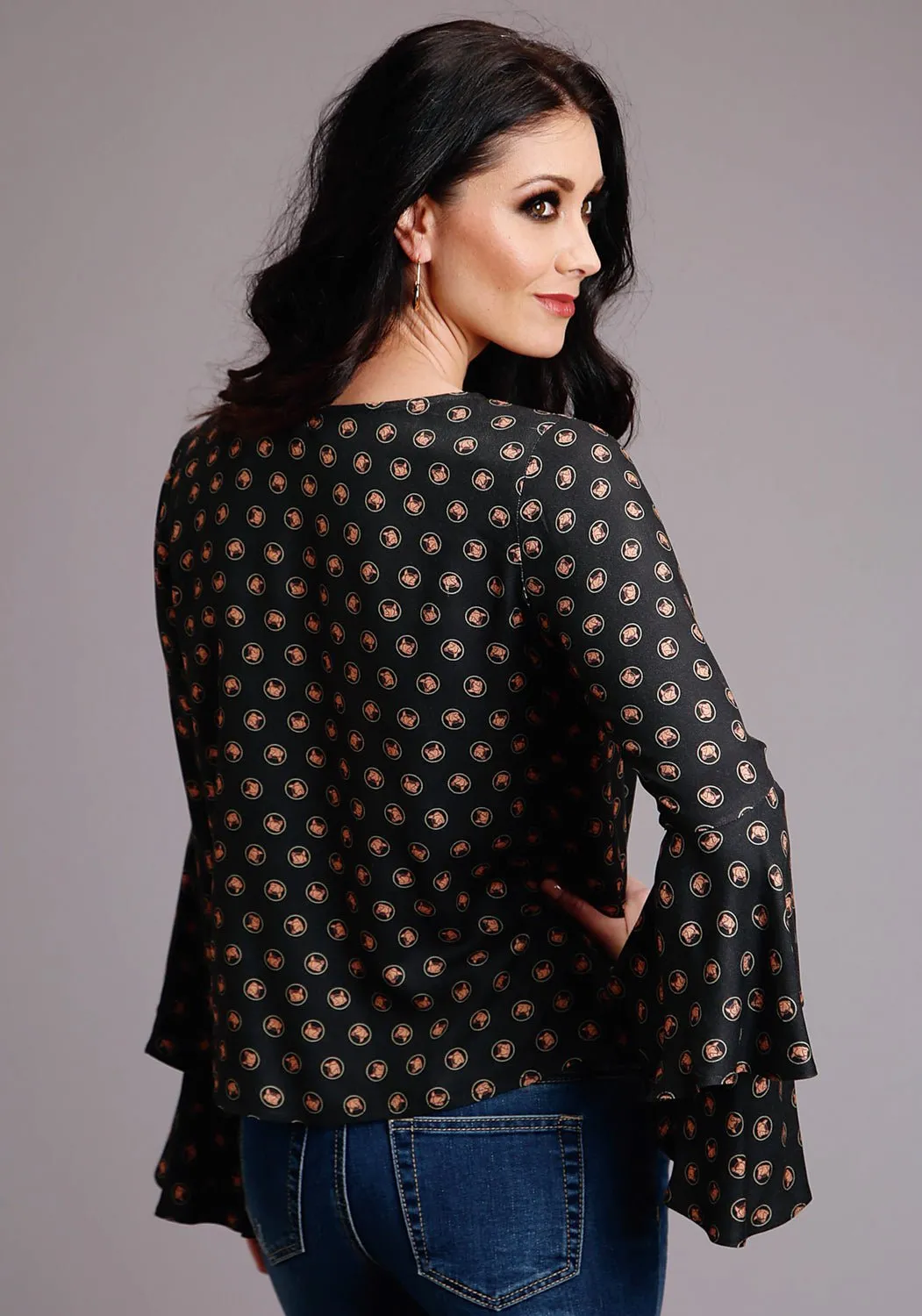 Active Comfort Fresh casual Stetson Womens Black Rayon/Nylon Horse Polkadot L/S Blouse